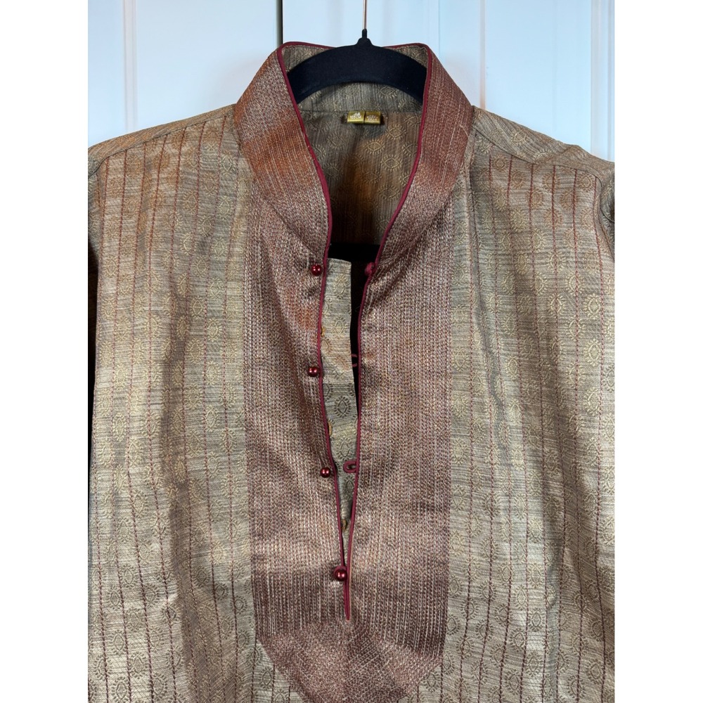 Mens Gold Bronze Jacquard Kurta Sherwani Indian Wedding Formal Tunic Size 42